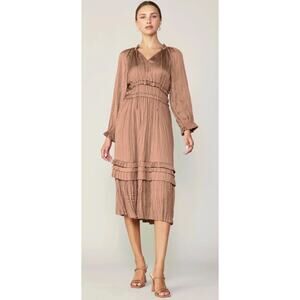 NWT Current Air Leia Midi Dress •M• Satin Dusty Clay Pleated Long Sleeve $268